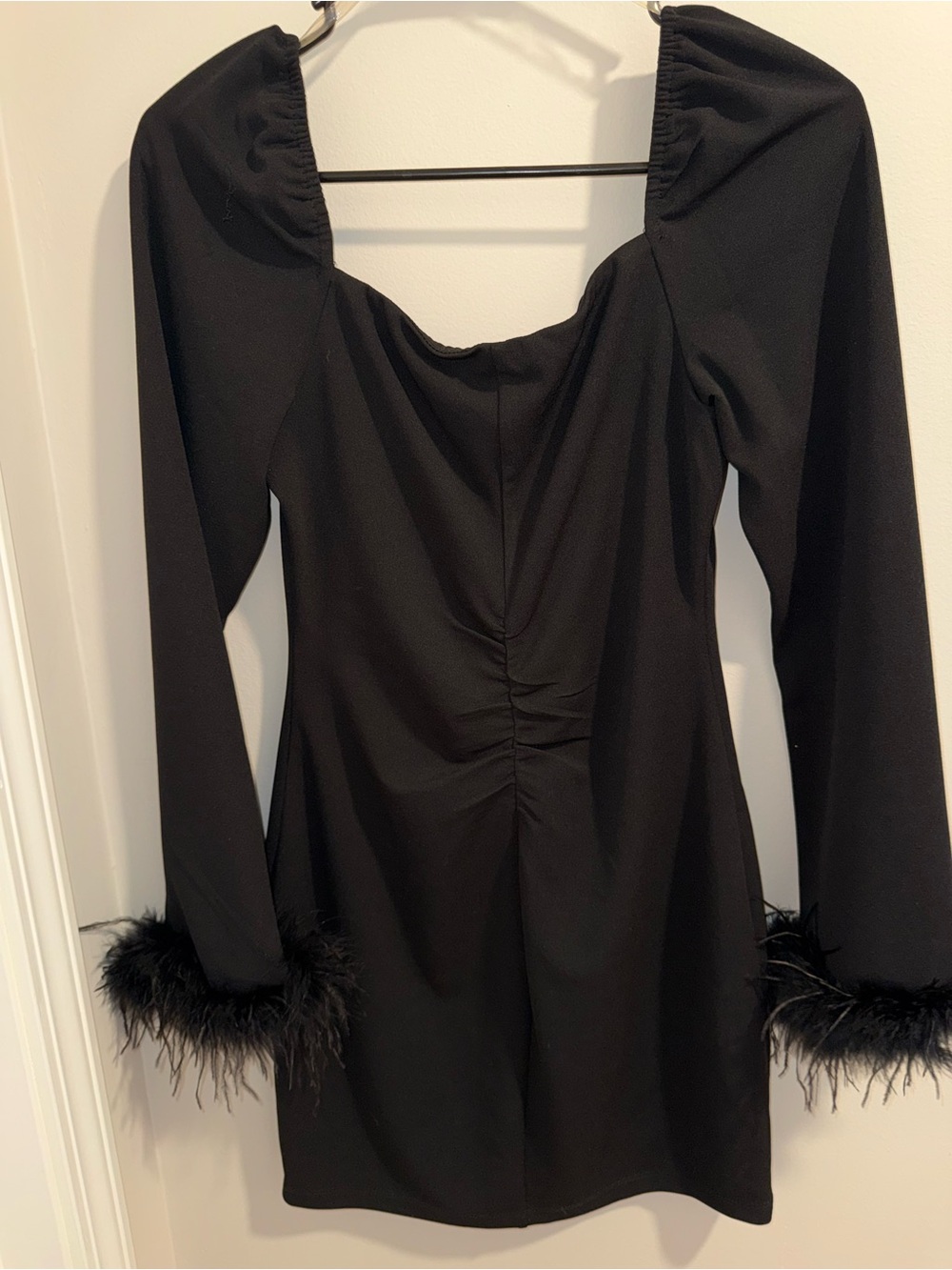 Emerald Sundae Black Mini Dress with Feather Cuffs